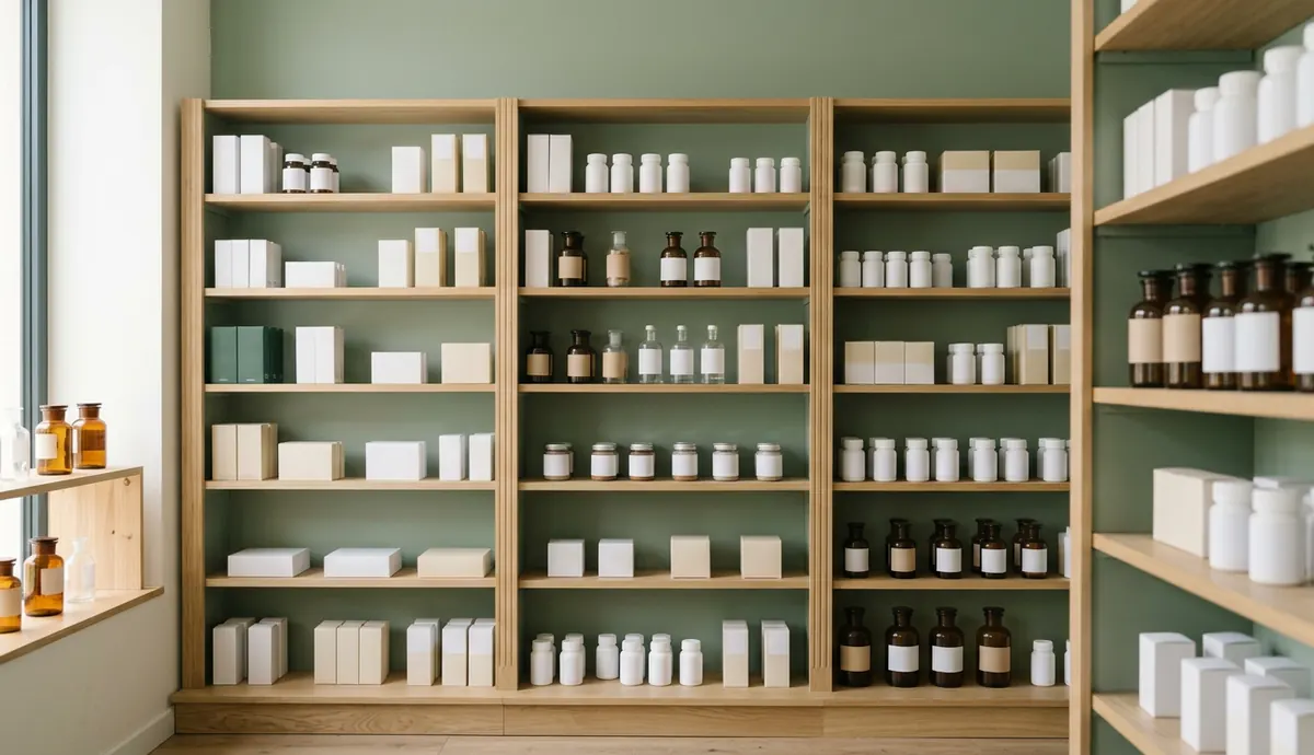 Rayons de boîtes de médicaments dans une pharmacie