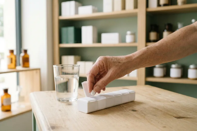 Une main dépose un comprimé dans un pilulier de la semaine, à côté d'un verre d'eau