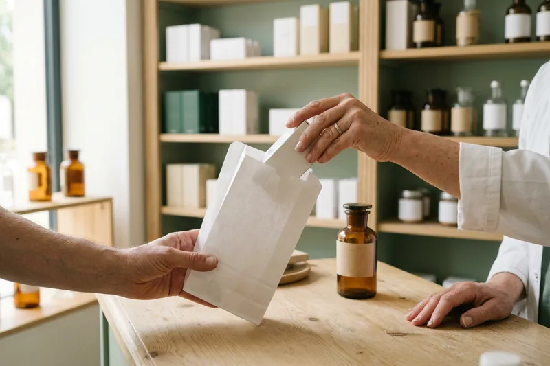 Au comptoir, une main tend un sachet de pharmacie blanc à un client