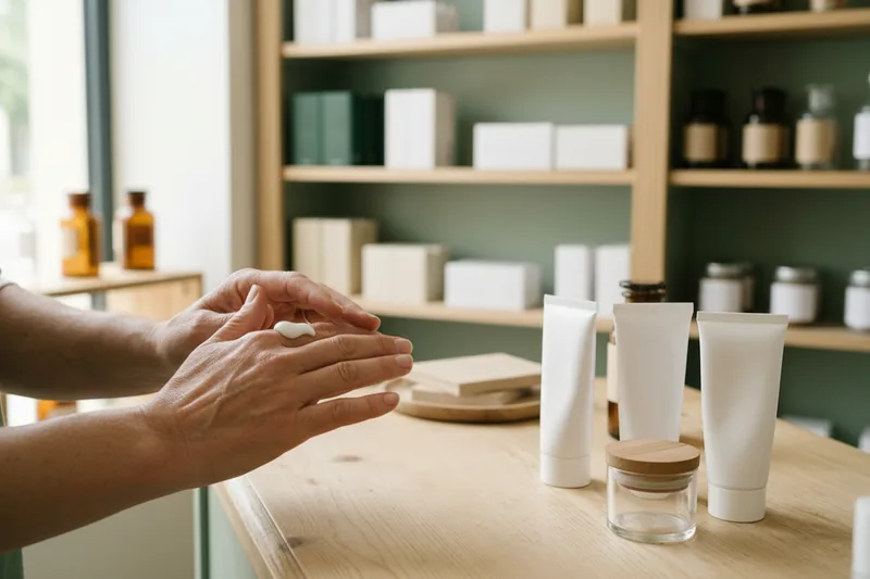Deux mains font pénétrer une crème, à côté de tubes de soin