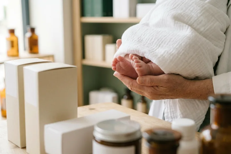 Des mains tiennent les pieds d'un nouveau-né enveloppé dans une couverture blanche