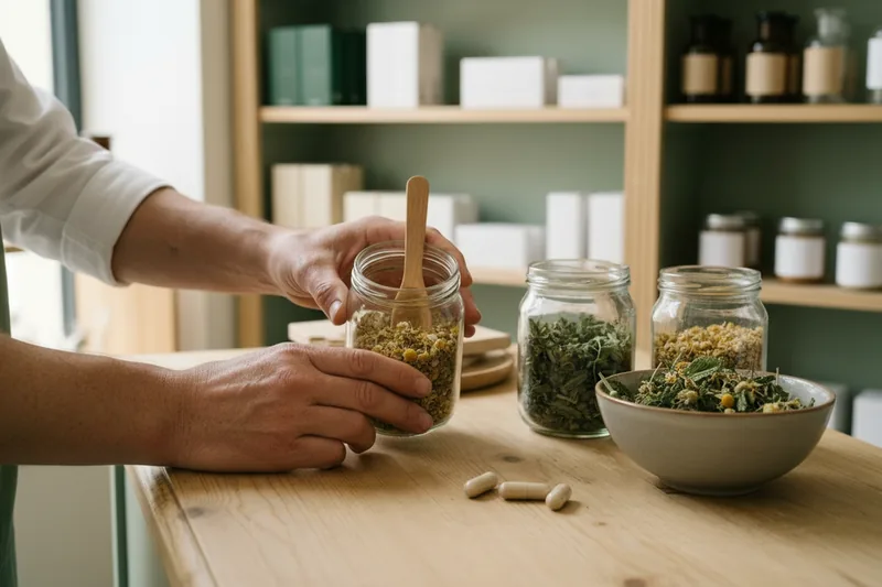 Bocaux de plantes séchées, camomille et menthe, sur un comptoir en bois