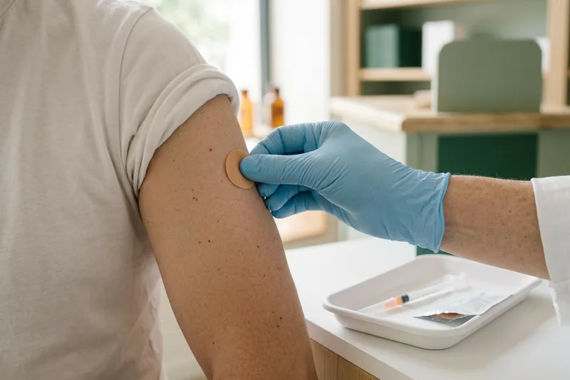 Une main gantée pose un pansement rond sur le bras, juste après un vaccin